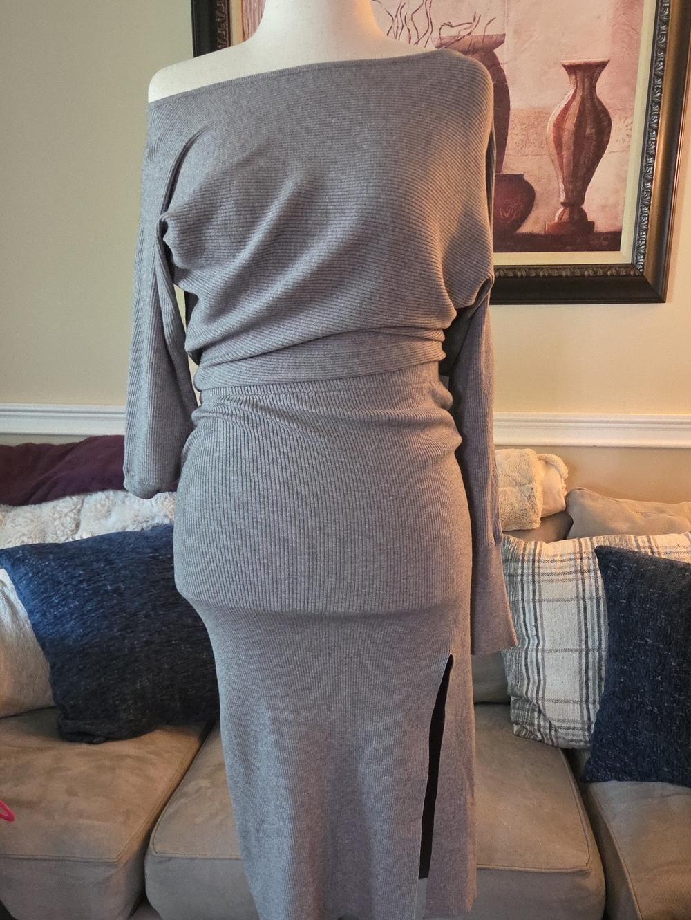 JustFab One-Shoulder Ribbed Midi Dress in Light Gray